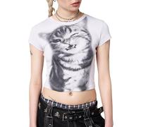 Y2k Graphic Baby Tees for Women Funny Kitten Shirt Tops Aesthetic Fairy Grunge Crop Top 90s 2000s Vintage Clothing, Cat White, S