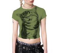 Y2k Graphic Baby Tees for Women Funny Kitten Shirt Tops Aesthetic Fairy Grunge Crop Top 90s 2000s Vintage Clothing, Cat Army Green, L
