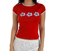 Y2k Graphic Baby Tees Women Teen Girl Casual Floral Print Short Sleeve Round Neck Slim Fit T Shirt Ladies Lightweight Summer (A-Red, L)