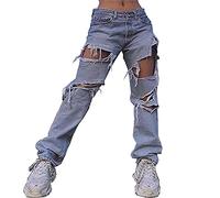 Y2k Jeans for Women High Waist Baggy Jean Distressed Ripped Wide Leg Denim Pant E Girls Straight Trouser with Pockets (Blue-A, X-Large)