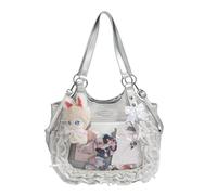 Y2k JK Ita Bag Cute Bow Tie lace Handbag Transparent Window Anime Display Bag with Lace Bow, Silvery, 29cm x 25cm x 12cm
