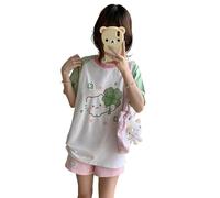 Y2K Kawaii Cute Cat Print T-Shirts for Women Patchwork Harajuku Oversize Top Round Neck Cutecore Tee Tops, Green, S