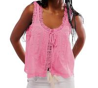 Y2K Lace Trim Vest Tank Tops for Women Front Tie Button Front Going Out Crop Top Cute Summer Mesh Cami Shirt Blouse (B-Pink, M)