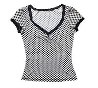 Y2k Long Sleeve Lace Crop Top Fairy Grunge Tee Shirt Patchwork Slim Fit T-Shirt Cute Kawaii Aesthetic Streetwear Fake 2 Piece Tops (Black White Plaid, S)