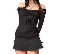 Y2k Long Sleeve Lace Crop Top Fairy Grunge Tee Shirt Patchwork Slim Fit T-Shirt Cute Kawaii Aesthetic Streetwear Fake 2 Piece Tops (d-Black, XL)