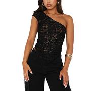 Y2k Long Sleeve Lace Crop Top Fairy Grunge Tee Shirt Patchwork Slim Fit T-Shirt Cute Kawaii Aesthetic Streetwear Fake 2 Piece Tops (Black One Shoulder, S)