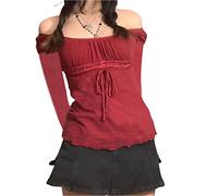 Y2k Long Sleeve Lace Crop Top Fairy Grunge Tee Shirt Patchwork Slim Fit T-Shirt Cute Kawaii Aesthetic Streetwear Fake 2 Piece Tops (d-Wine Red, S)