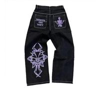 Y2K Men's Jeans Vintage Wide Leg Denim Pants Baggy Style with Skull and Cross Embroidery Perfect for Streetwear and Everyday Wear Hip Hop Pants for Teen Boys Skateboard Jeans(Color:Purple,Size:XL)