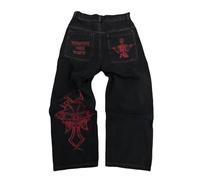 Y2K Men's Jeans Vintage Wide Leg Denim Pants Baggy Style with Skull and Cross Embroidery Perfect for Streetwear and Everyday Wear Hip Hop Pants for Teen Boys Skateboard Jeans(Color:Rot,Size:M)