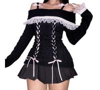 Y2k Off The Shoulder Sweater for Women Lolita Cute Bow Front Lace Trim Knit Pullover Kawaii Long Sleeve Jumper Tops, Black, M