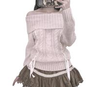 Y2k Off The Shoulder Sweater for Women Lolita Cute Bow Front Lace Trim Knit Pullover Kawaii Long Sleeve Jumper Tops, Beige, Small