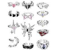 Y2k Pink Kunckle Joint Finger Rings Set for Women Vintage Irregular Open Opal Rings for Men Chunky Adjustable Gothic Cross Moonstone Butterfly Star Love Heart Cool Black Statement Ring Aesthetic
