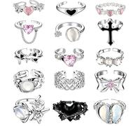 Y2k Pink Kunckle Joint Finger Rings Set for Women Vintage Irregular Open Opal Rings for Men Chunky Adjustable Gothic Cross Moonstone Butterfly Star Love Heart Cool Black Statement Ring Aesthetic