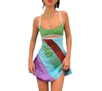 Y2k Rainbow Dress for Women Spaghetti Strap Vintage Bodycon Mini Dress 13 Going On 30 Party Club Dresses, Green, S