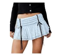 Y2k Ruffle Mini Skirt for Women Lace Hem Low Rise Pleated Short Skirt Cute Layered Flowy A Line Shorts Skirts (D-Blue, S)