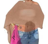 Y2K Sheer Knit Poncho Tops for Women Lightweight Summer Beach Shrug Shawl Bolero Off Shoulder Mesh Sweater Cover Up (Light brown, ONE SIZE)