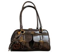 Y2K Shoulder Purses for Women Multi Pockets Designer Handbag Satchel PU Leather Retro Boston Handbag with Pendant