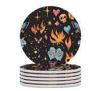 Y2k Skull Flame Butterflies Hearts Round Ceramic Coasters Non-Slip Cork Base Drinks Holder Craft 6PCS