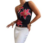 Y2K Spaghetti Strap Crop Top Vintage Floral Aesthetic Cami Tank Tops Teen Cute Summer Trendy Scoop Neck Going Out Tops, One Shoulder Black Floral, S