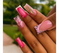 Y2K Style 3D Pink Leopard Print Flowers Press On Nails - Pink Ombre & Zebra Stripe Design Elegant Touch French Square Tips Kit Glitter Stripes Shining Diamond (Y2K 3D Flower)