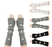 Y2K Style Fingerless Arm Warmers, Soft Knit with Embroidered Star Design, 3 Pairs Winter Accessories for Women Girls, Retro Chunky Ribbed Gloves(Black, white, gray)