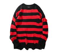 Y2K Sweater Vintage - Grunge Striped Sweater Ripped Knitted Holes Chunky Knit Gothic Punk Teenager Girls Y2K Autumn Winter Warm Top Black