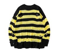 Y2K Sweater Vintage - Grunge Sweater Stripes, Striped Sweater Grunge Jumper Ripped Knitted Jumper Holes Chunky Knit Jumper Gothic Punk Teenager Girls Y2K Jumper Autumn Winter Warm Tops, yellow, XXXL