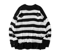 Y2K Vintage Grunge Sweater - Striped Jumper With Ripped Holes, Chunky Knit Gothic Punk Style for Teenager Girls, Autumn Winter Warm Tops, White, X-Large