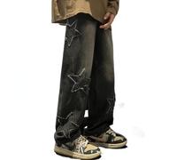 Y2K Vintage Men Korean Blue Streetwear Oversize Star Aesthetic Straight Trousers Wide Leg Jeans Grunge Denim Pants, Black, Medium