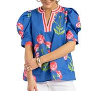 Y2k Women Boho Floral Blouse Puff Short Sleeve V Neck Vintage Flower Print Patchwork Shirt Going Out Tops, Patchwork Blue, M