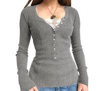 Y2K Women Lace Patchwork V-Neck Knitted Aesthetic Crop Top Fall Long Sleeve Flim Fairy Grunge Shirt E Girl Streetwear, C-grey, S