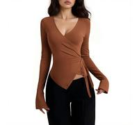 Y2K Women's Sexy Short Top Long Sleeve Tunic Chic and Elegant Slim Fit V-Neck Chic and Elegant Irregular Hem Casual Basic Top for Party, Evening, Daily Party