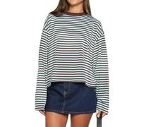 Y2k Womens Striped Cropped Shirt Drop Shoulder Long Sleeve Crewneck Sweatshirt Fairy Grunge Sweater Tops Streetwear, Drop Shoulder Blue, XL