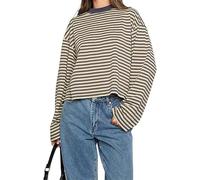 Y2k Womens Striped Cropped Shirt Drop Shoulder Long Sleeve Crewneck Sweatshirt Fairy Grunge Sweater Tops Streetwear, Drop Shoulder Yellow, M