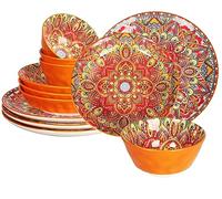 YA JU Mandala Dinnerware Sets (12 Pcs) Serves 4, Buffet Dinnerware, Boho Plates and Bowls Dish Set with 8" salad Plate 10" dinner Plate 4.8" bowl, apply Casual dining Indoor Outdoor Dining Part