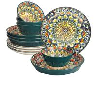 YA JU Mandala Dinnerware Sets (12 Pcs) Serves 4, Buffet Dinnerware, Boho Plates and Bowls Dish Set with 8" salad Plate 8" Dessert Plate 4.8" bowl, apply Casual dining Indoor Outdoor Dining Party