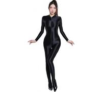 Yaaapiy Woman's Sheer Shiny Bodystocking yoga Lingerie Skin Tight Elastic Unitard High Neck Long Sleeve Zipper Footed Crotch Bodysuit (Black 1)
