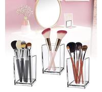 YAANBUNB 3 Pcs Acrylic Pen Holder Transparent Pen Cup Square Pen Pot Makeup Brush Holder Pencil Storage Basket Candy Box Stationery Organizer for Desk Accessories, School, Home Supplies (6.5*6.5*10cm)