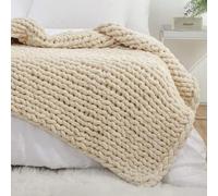 YAAPSU Chunky Knit Blanket Throw 50x60, Chenille Throw Blankets, Chunky Knitted Throw Blanket for Couch & Bed, Soft Large Knit Throw Blankets Chunky Yarn, Big Thick Cable Knit Crochet Blankets (Beige)