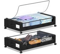 YAASHEEN Under Bed Storage with Wheels, 2-Pack Under the Bed Storage Containers with Clear Lids & Label, Underbed Storage Bins, XXL 60L Rolling Metal Drawer for Clothes, Shoes, Toys, Books - Black