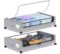 YAASHEEN Under Bed Storage with Wheels, 2-Pack Under the Bed Storage Containers with Clear Lids & Label, Underbed Storage Bins, XXL 60L Rolling Metal Drawer for Clothes, Shoes, Toys, Books - Gray