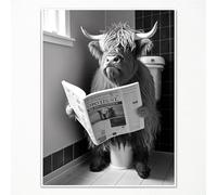 Yaasilinage Highland Cow Canvas Wall Art, Cow Sitting on The Toilet Reading Newspaper Print Poster, Funny Animal Bathroom Pictures for Toilet Guest Room Wall Decor 12x16in Unframed