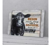 YAASIMOULE Begin Each Day With A Grateful Heart Angus Cow Canvas Wall Art
