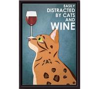 YAASIMOULE Bengal Cat Easily Distracted By Cats And Wine Poster Framed Matte Canvas