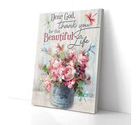 YAASIMOULE Dear God Thank You Pink Flowers Dragonfly Canvas Wall Art