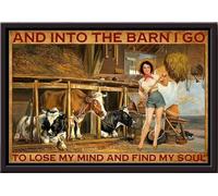 YAASIMOULE Into The Barn I Go To Lose My Mind And Find Soul Female Famer With Her Cow Poster Framed Matte Canvas