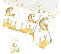 YAAVAAW 137*274cm White Gold Eid Ramadan Table Cloth,Large Ramadan Mubarak Decorations TableCloths,Moon&Star Tablecover Plastic Tablecloth for Eid Umrah Mubarak Decorations Islam Muslim Party Supplies
