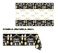 YAAVAAW Black Gold Happy B'Day Party Table Cloth Cover Boy,Girls,Men,Women,108x180cm Rectangular Disposable Plastic B'Day Black Gold Tablecloth Him,Her B'Day Party Supplies Table Décor (YA-Tableware)