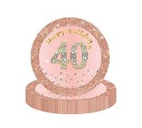 YAAVAAW Happy 40th Birthday Paper Plates, 7" Rose Gold, 16pcs Women's Party Plates, 40th Birthday Decorations