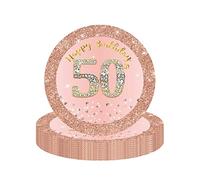YAAVAAW Happy 50th Birthday Paper Plates, 7" Rose Gold, 16 Pcs Womens Birthday Party Plates, Table Decorations